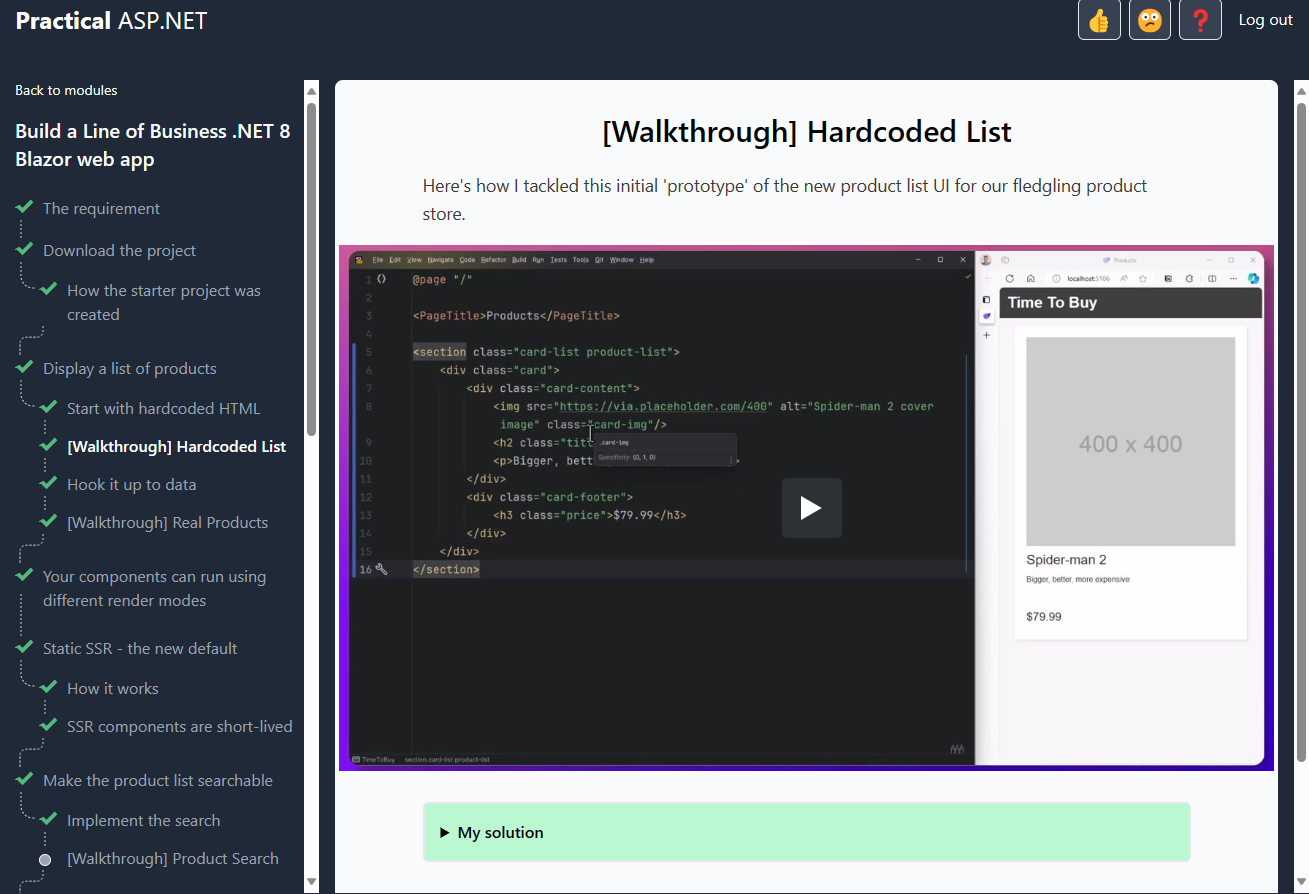 screenshot from the course showing a lesson called [Walkthrough] Hardcoded List